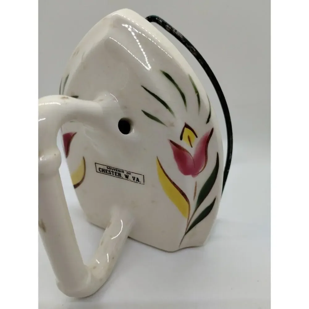 Vintage Ceramic Napkin Holder - Flat Iron Shape - Chester, W.Va. - Tulips